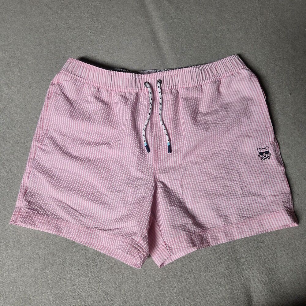 Party Pants 5" Pink White Striped Seersucker Swim Trunks Mens Large Preppy